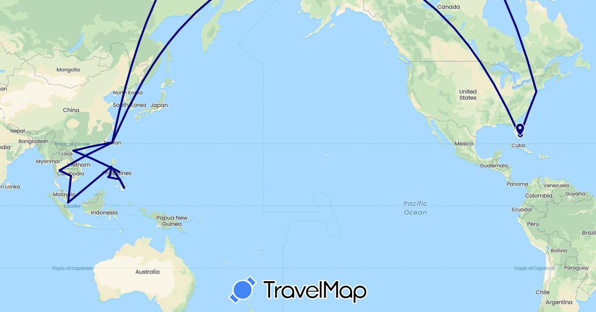TravelMap itinerary: driving in Cambodia, Philippines, Singapore, Thailand, Taiwan, United States, Vietnam (Asia, North America)