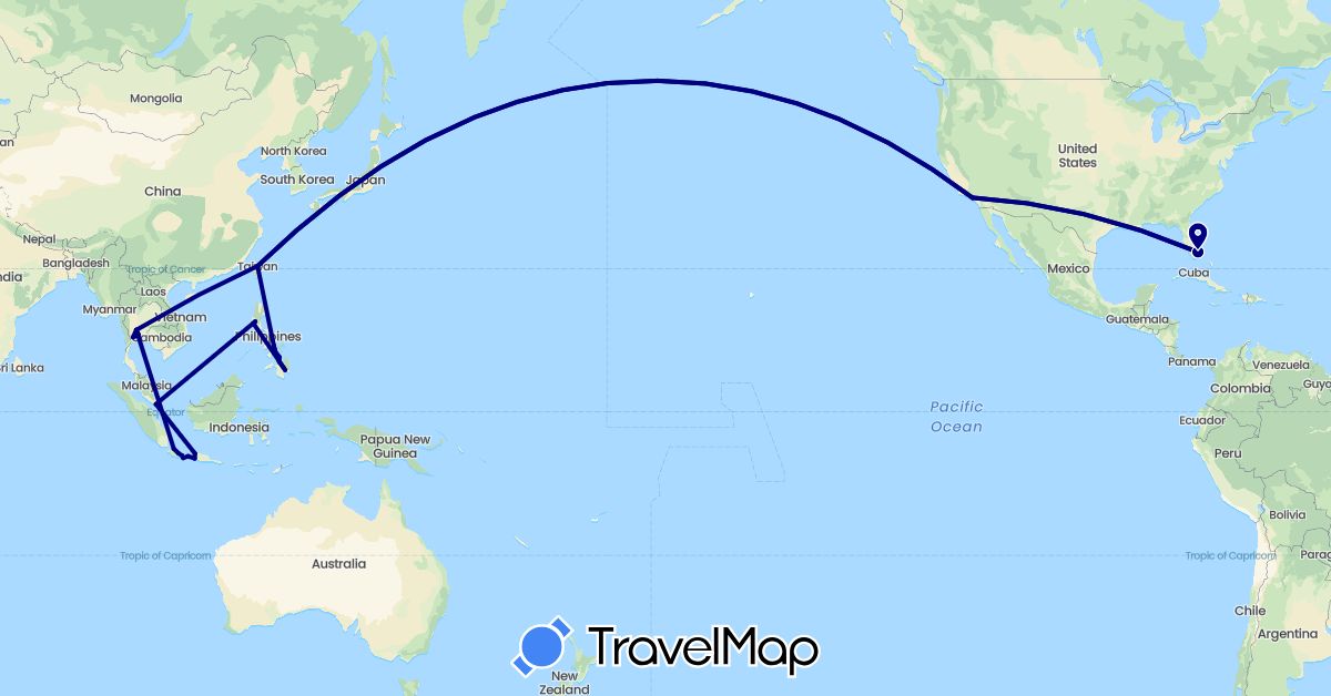 TravelMap itinerary: driving in Indonesia, Philippines, Singapore, Thailand, Taiwan, United States (Asia, North America)