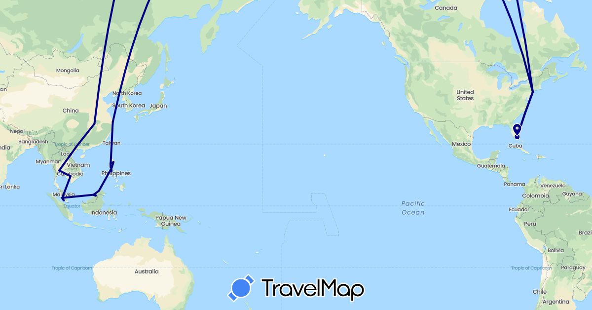 TravelMap itinerary: driving in China, Cambodia, Malaysia, Philippines, Thailand, United States (Asia, North America)