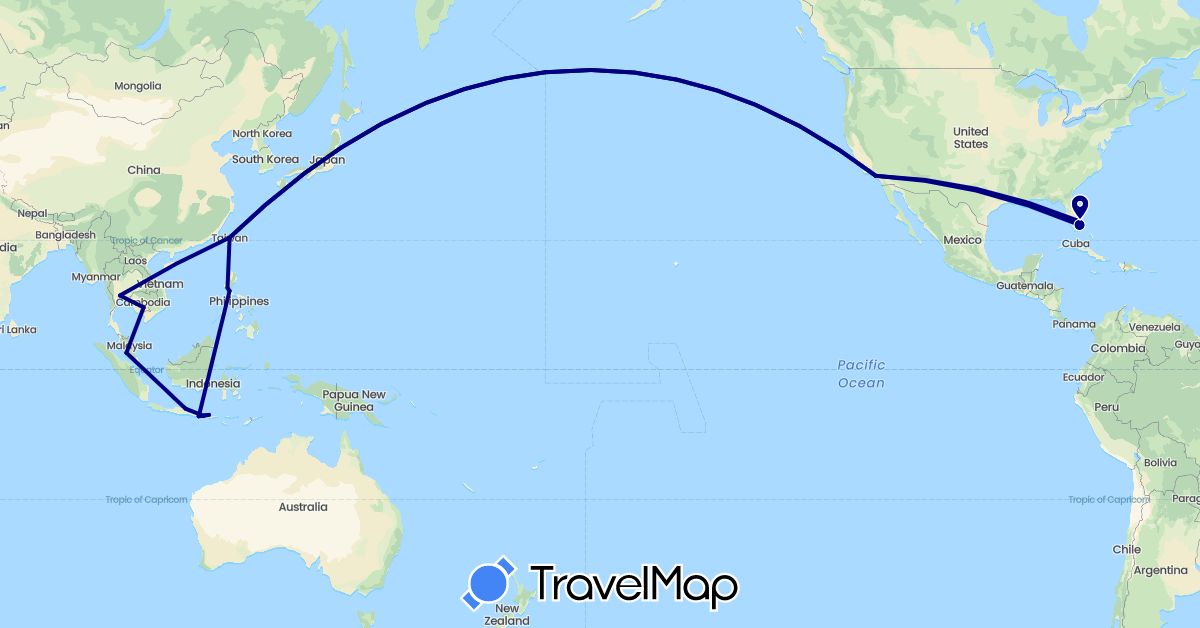 TravelMap itinerary: driving in Indonesia, Cambodia, Malaysia, Philippines, Thailand, Taiwan, United States (Asia, North America)